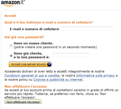 caso di processo decisionale su Amazon: l'accesso tramite identificazione è messo come default